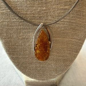 Elegant Sterling Silver Necklace with Teardrop Amber Pendant - Made Poland
